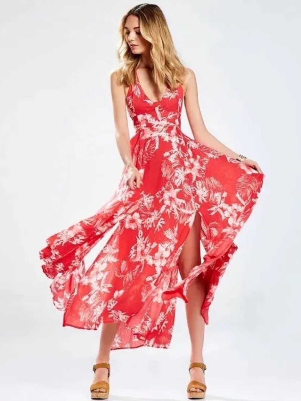 Free People Red Floral Boho Maxi Dress Open Back Adjustable XS-M Like New!